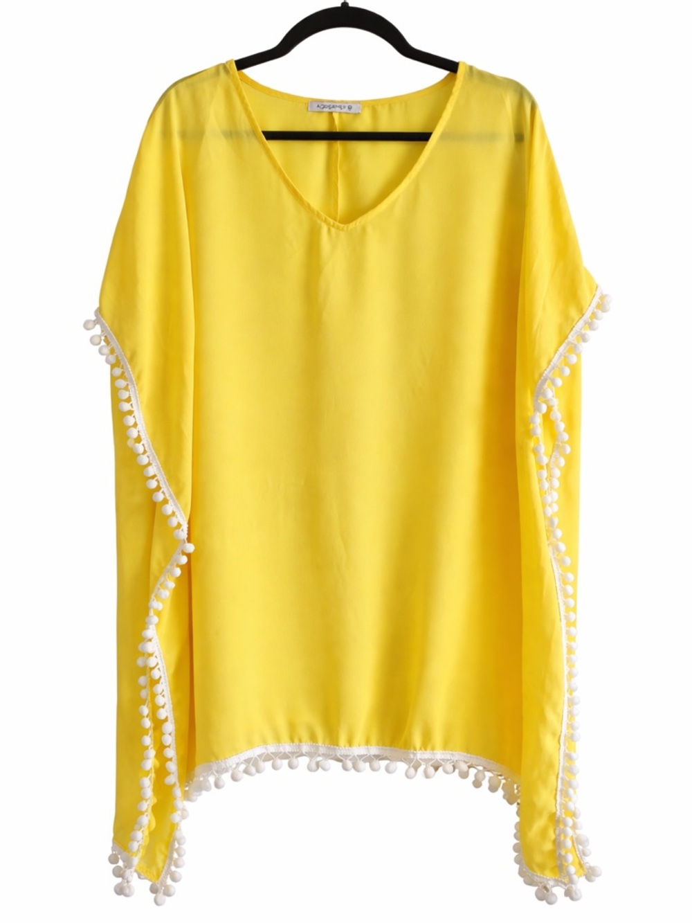 Yellow Pom Pom Swim Cover Up Kaftan Tunic Size M Beach Resort